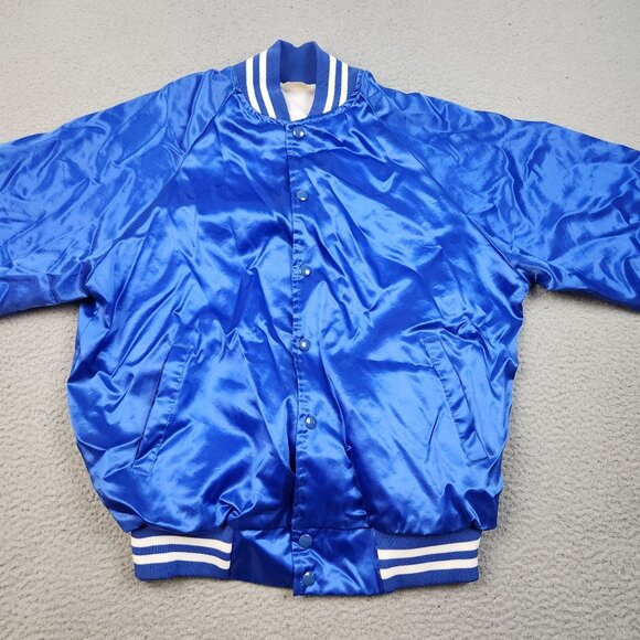 Vintage Satin Bomber Jacket Large Lined Blue Blank Snap Button Front 90s USA - Picture 10 of 11